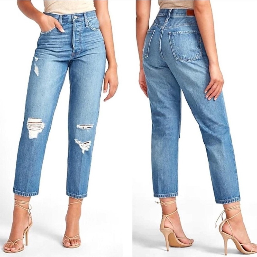 Express Dad Jean Hi Rise Button Fly Lightwash Destressed Cropped Womens Sz 14 R,
